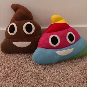 Two Poop Emoji Throw Pillows Toys Rainbow and Brown